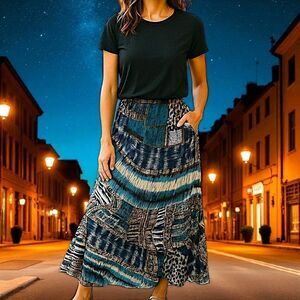 Chicos Silk Broomstick Maxi Skirt M Sz 1 Whimsigoth Fairy Grunge Bohemian Hippie
